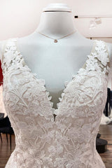 Elegant Tulle Lace V Neck Ivory A-Line Wedding Dresses-27dress