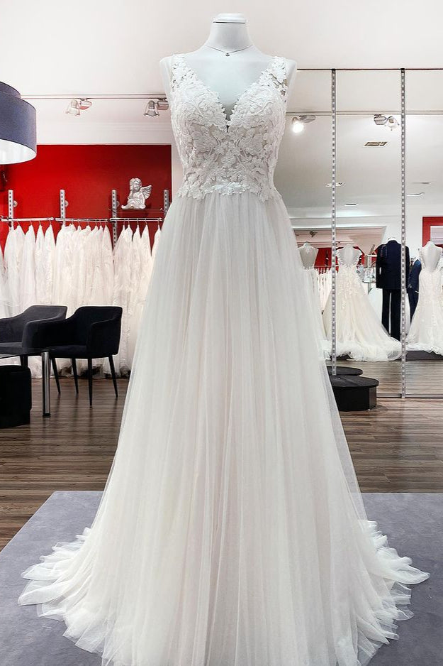 Elegant Tulle Lace V Neck Ivory A-Line Wedding Dresses-27dress