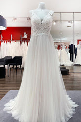 Elegant Tulle Lace V Neck Ivory A-Line Wedding Dresses-27dress
