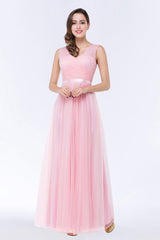 Elegant Tulle V-Neck Sleeveless Ruffle Long Bridesmaid Dress with Sash-27dress