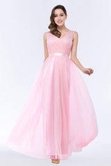 Elegant Tulle V-Neck Sleeveless Ruffle Long Bridesmaid Dress with Sash-27dress