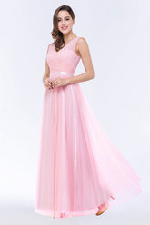 Elegant Tulle V-Neck Sleeveless Ruffle Long Bridesmaid Dress with Sash-27dress