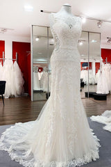 Elegant Tulle White Lace Sleeveless Mermaid Wedding Dresses Long-27dress