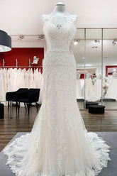 Elegant Tulle White Lace Sleeveless Mermaid Wedding Dresses Long-27dress