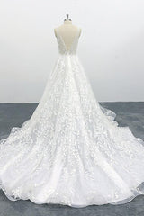 Elegant V-neck Appliques Tulle A-line Wedding Dress On Sale-27dress