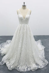 Elegant V-neck Appliques Tulle A-line Wedding Dress On Sale-27dress