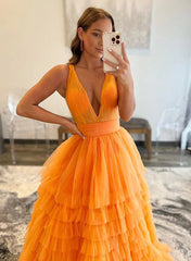 Elegant V-Neck Ball Gown Prom Dress with Cascading Ruffles-27dress