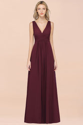 Elegant V-Neck Burgundy Chiffon Affordable Bridesmaid Dress with Ruffle-27dress