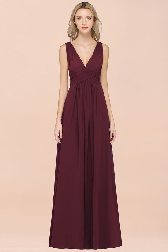 Elegant V-Neck Burgundy Chiffon Affordable Bridesmaid Dress with Ruffle-27dress