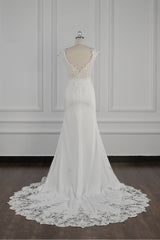 Elegant V-neck Chiffon Lace Wedding Dress Beadings Appliques Mermaid Bridal Gowns Online-27dress