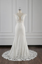 Elegant V-neck Chiffon Lace Wedding Dress Beadings Appliques Mermaid Bridal Gowns Online-27dress