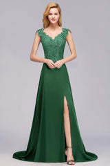 Elegant V-Neck Dark Green Lace Bridesmaid Dresses with Front-Slit-27dress
