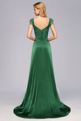 Elegant V-Neck Dark Green Lace Bridesmaid Dresses with Front-Slit-27dress