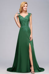 Elegant V-Neck Dark Green Lace Bridesmaid Dresses with Front-Slit-27dress