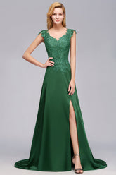 Elegant V-Neck Dark Green Lace Bridesmaid Dresses with Front-Slit-27dress