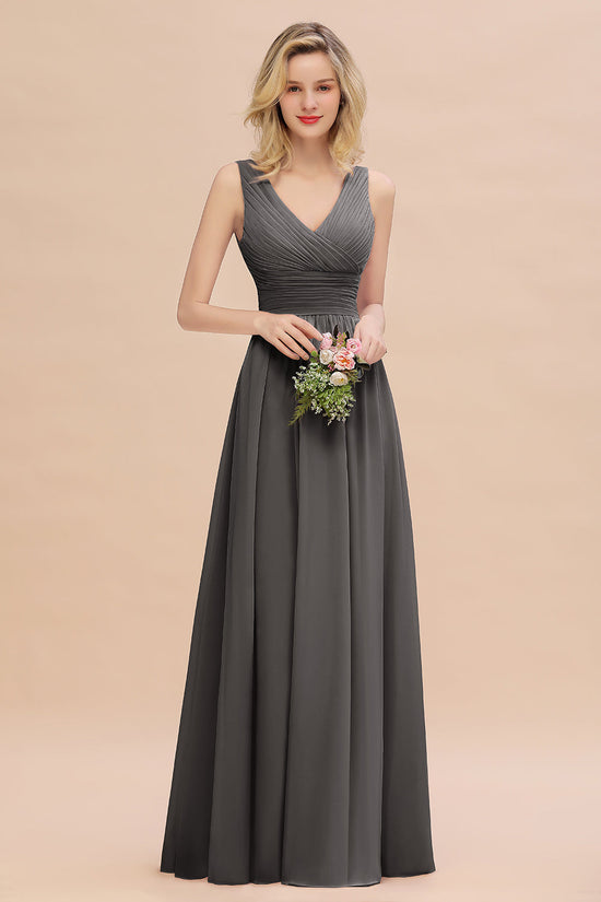 Elegant V-Neck Dusty Rose Chiffon Bridesmaid Dress with Ruffle-27dress