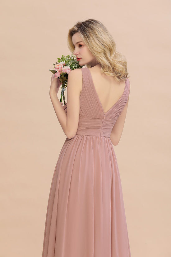 Elegant V-Neck Dusty Rose Chiffon Bridesmaid Dress with Ruffle-27dress