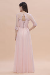 Elegant V-neck Half Sleeves Lace Pink Bridesmaid Dress On Sale-27dress