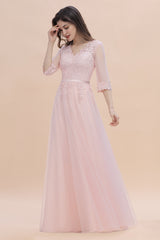 Elegant V-neck Half Sleeves Lace Pink Bridesmaid Dress On Sale-27dress