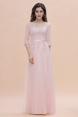 Elegant V-neck Half Sleeves Lace Pink Bridesmaid Dress On Sale-27dress