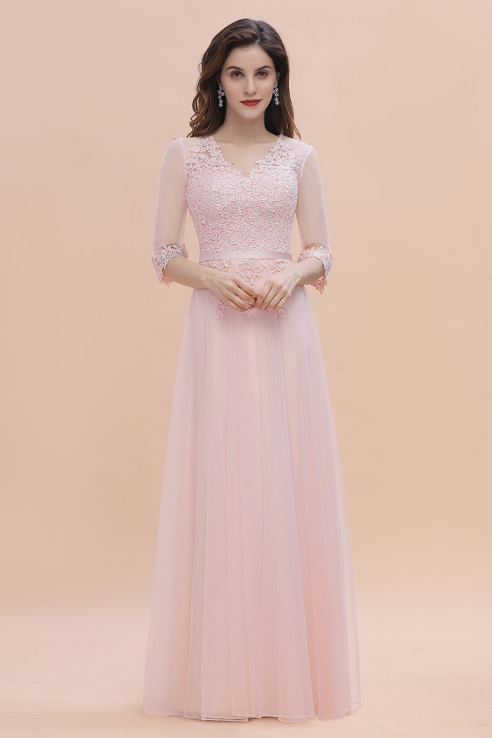 Elegant V-neck Half Sleeves Lace Pink Bridesmaid Dress On Sale-27dress