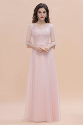 Elegant V-neck Half Sleeves Lace Pink Bridesmaid Dress On Sale-27dress