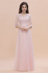 Elegant V-neck Half Sleeves Lace Pink Bridesmaid Dress On Sale-27dress