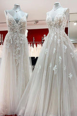 Elegant V Neck Ivory Sleeveless Ruffles A-Line Wedding Dresses-27dress