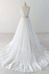 Elegant V-neck Lace Tulle A-line Wedding Dress On Sale-27dress