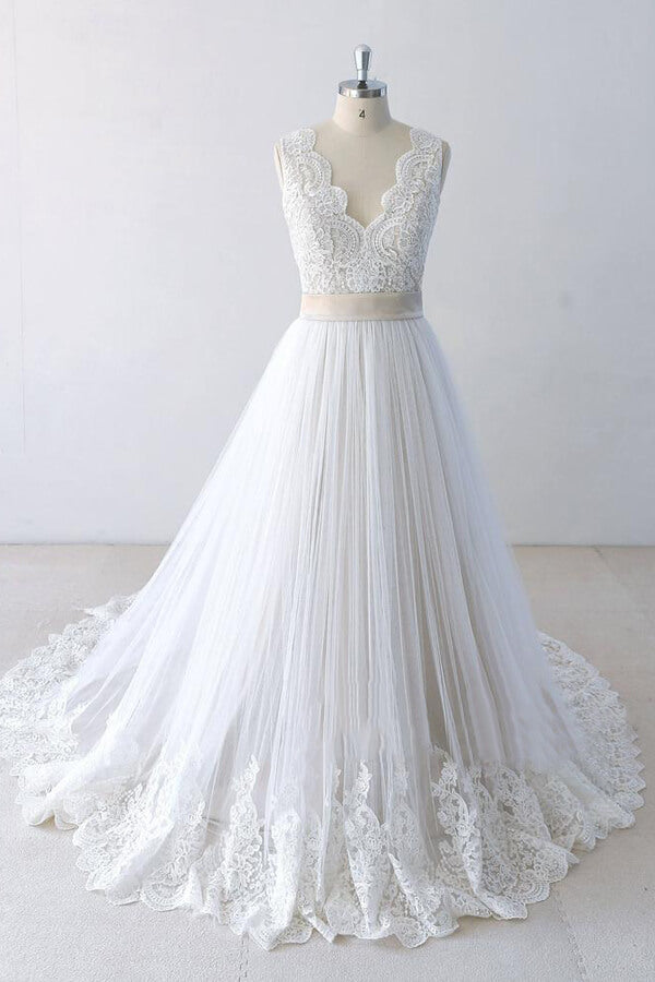 Elegant V-neck Lace Tulle A-line Wedding Dress On Sale-27dress