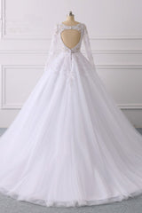 Elegant V-Neck Long Sleeves Wedding Dress White Tulle Lace Appliques Bridal Gowns On Sale-27dress