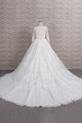 Elegant V-neck Longsleeves Lace Wedding Dresses A-line Tulle Bridal Gowns With Appliques Online-27dress