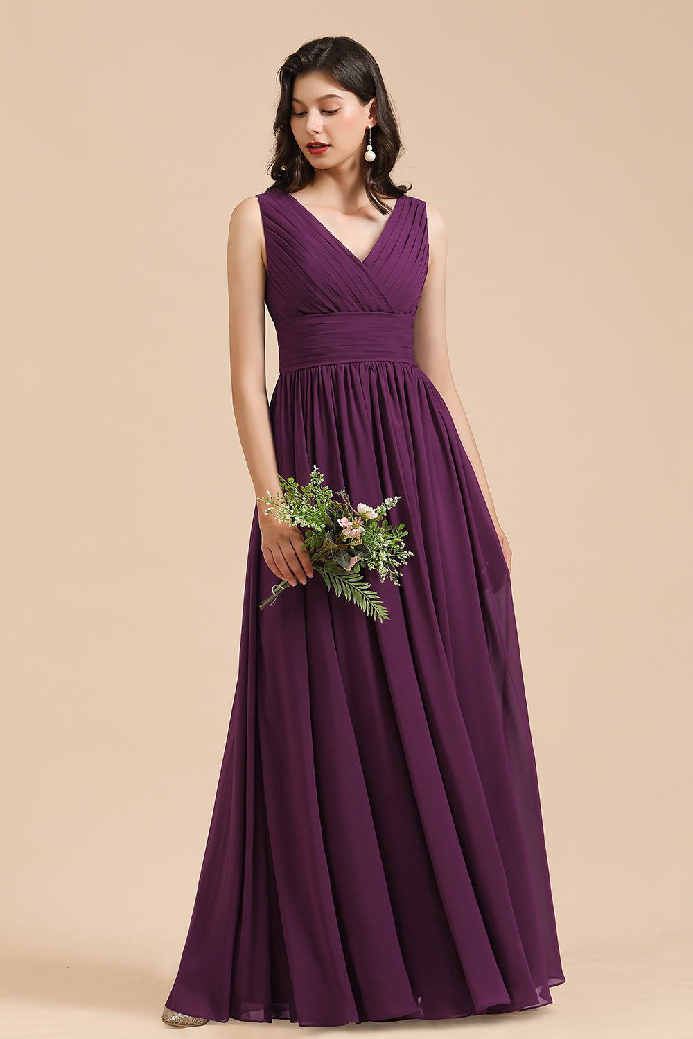 Elegant V-Neck Ruffle A-line Chiffon Lace Bridesmaid Dresses-27dress