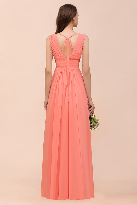 Elegant V-Neck Ruffle Coral Chiffon Affordable Bridesmaid Dresses Online-27dress