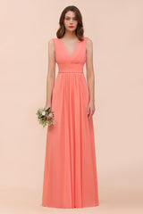 Elegant V-Neck Ruffle Coral Chiffon Affordable Bridesmaid Dresses Online-27dress