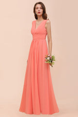 Elegant V-Neck Ruffle Coral Chiffon Affordable Bridesmaid Dresses Online-27dress