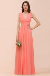 Elegant V-Neck Ruffle Coral Chiffon Affordable Bridesmaid Dresses Online-27dress