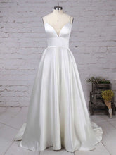 Elegant V-neck Satin Sweep Train Wedding Dress with Pockets
