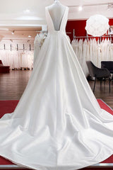 Elegant V Neck Satin White Ruffles Wedding Dresses Long-27dress