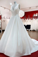Elegant V Neck Satin White Ruffles Wedding Dresses Long-27dress