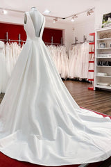 Elegant V Neck Satin White Ruffles Wedding Dresses Long-27dress