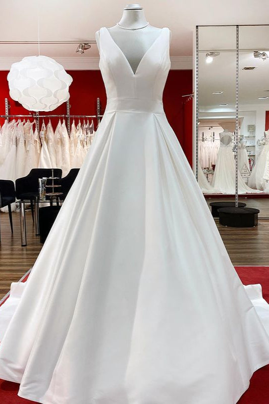 Elegant V Neck Satin White Ruffles Wedding Dresses Long-27dress