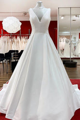 Elegant V Neck Satin White Ruffles Wedding Dresses Long-27dress