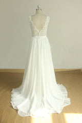 Elegant V-neck Sleeveless Lace Wedding Dresses White A-line Chiffon Bridal Gown On Sale-27dress