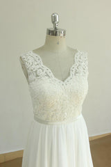 Elegant V-neck Sleeveless Lace Wedding Dresses White A-line Chiffon Bridal Gown On Sale-27dress