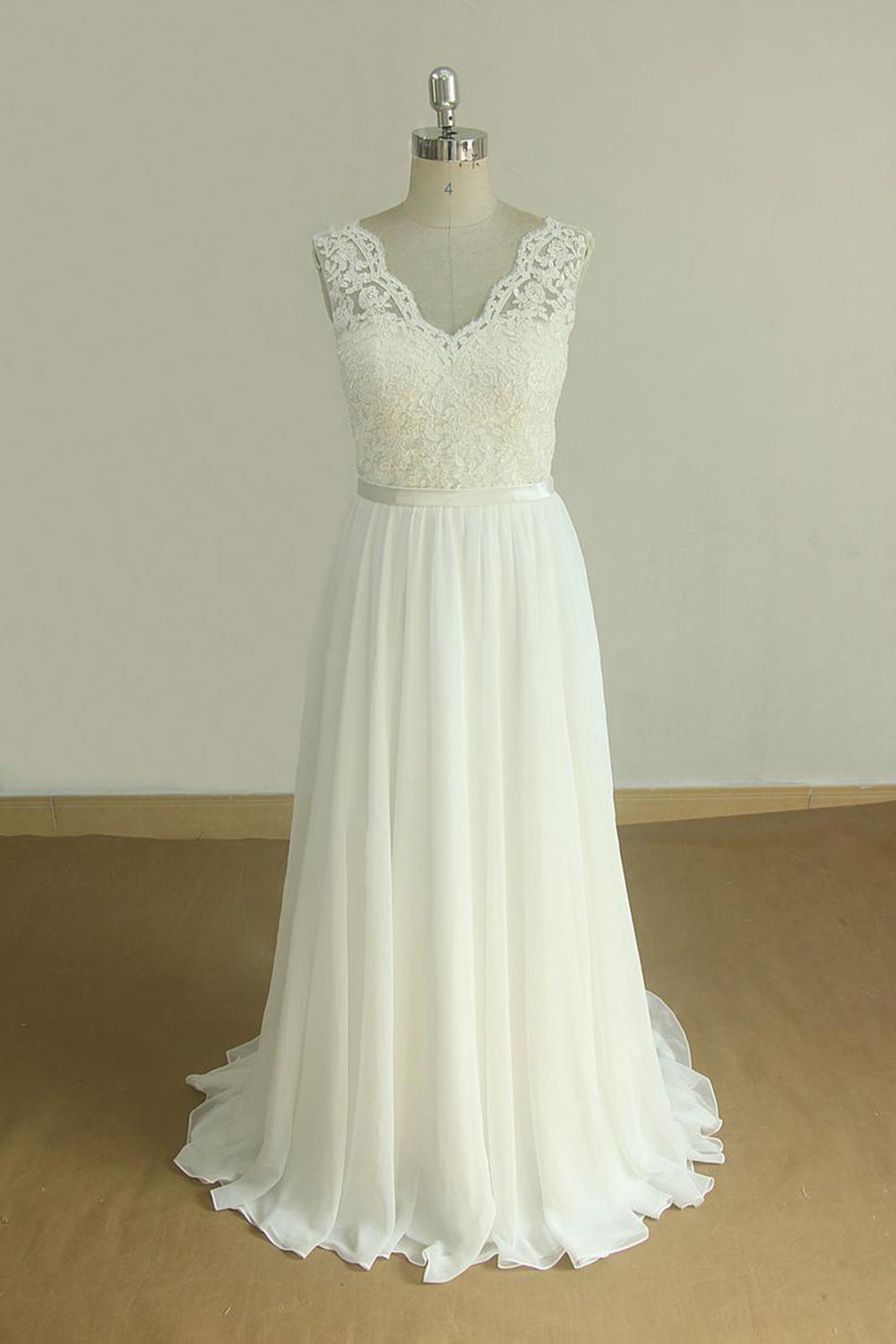 Elegant V-neck Sleeveless Lace Wedding Dresses White A-line Chiffon Bridal Gown On Sale-27dress