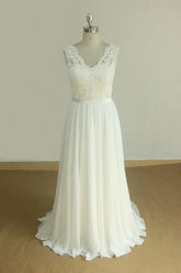 Elegant V-neck Sleeveless Lace Wedding Dresses White A-line Chiffon Bridal Gown On Sale-27dress