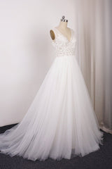 Elegant V-Neck Sleeveless Straps Lace Wedding Dress White Tulle Appliques Beadings Bridal Gowns On Sale-27dress