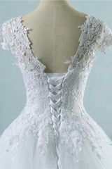Elegant V-Neck Tull Lace White Wedding Dress Short Sleeves Appliques Bridal Gowns Online-27dress