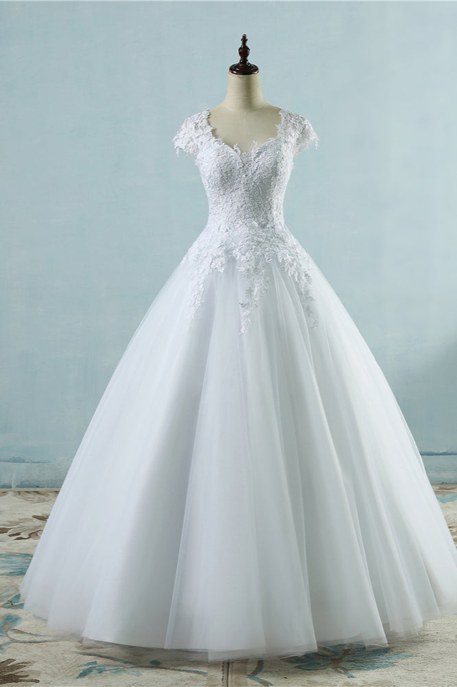 Elegant V-Neck Tull Lace White Wedding Dress Short Sleeves Appliques Bridal Gowns Online-27dress